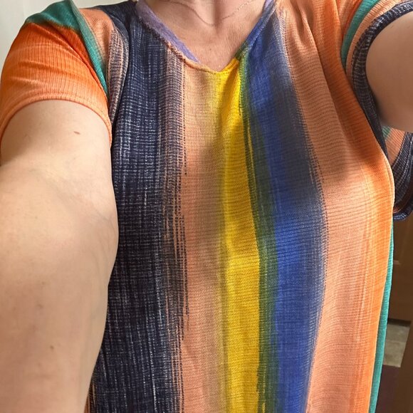 100% Polyester Orange Blue Gold Striped Scoop Neck Coverup Kimono One Size - Picture 3 of 8